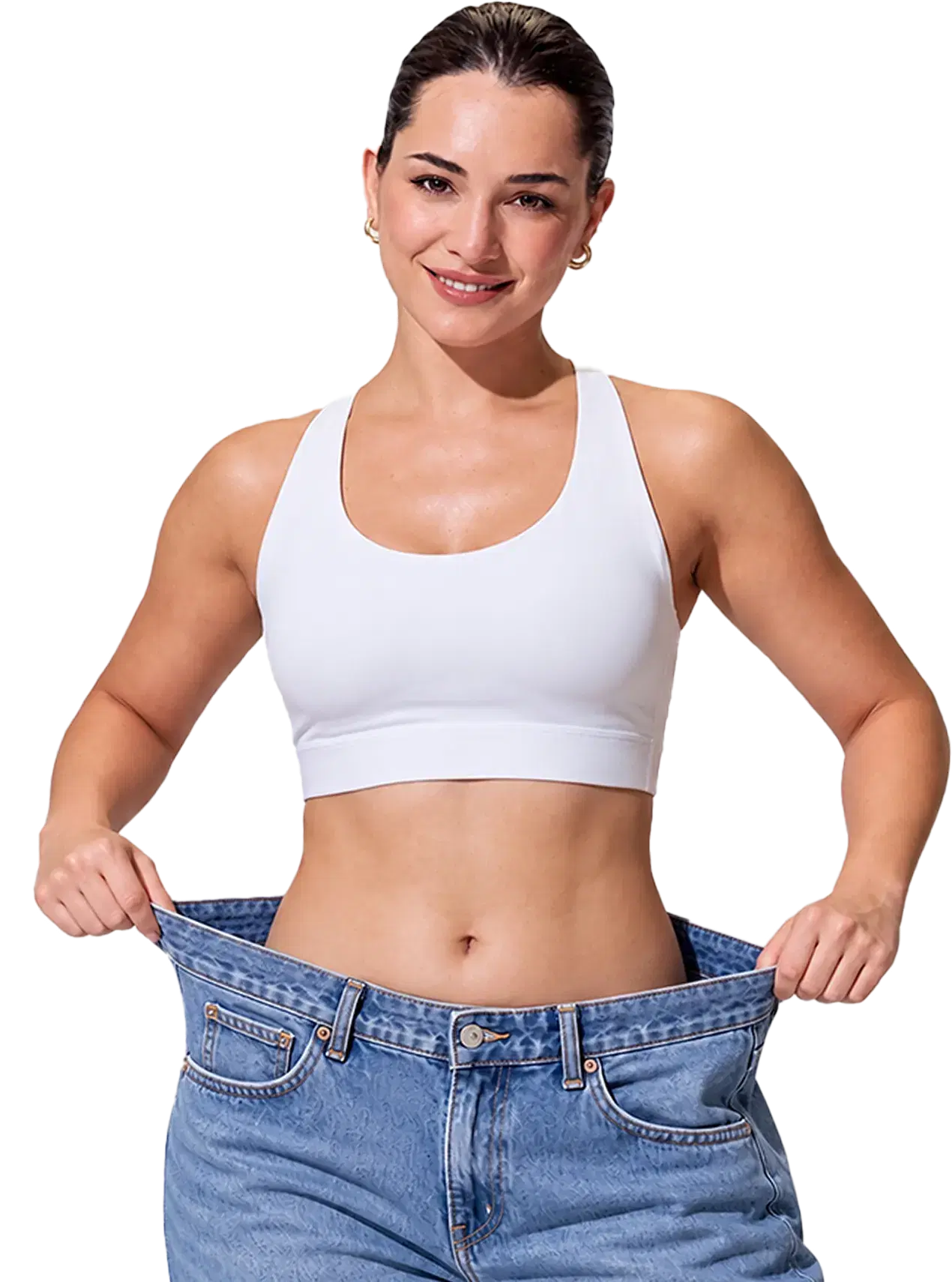 LumiMeds patient holding out her oversized jeans after weight loss