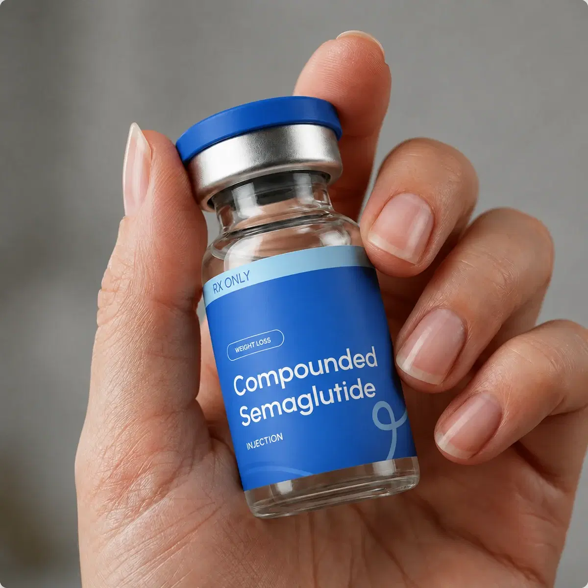 Hand holding a LumiMeds compounded Semaglutide vial